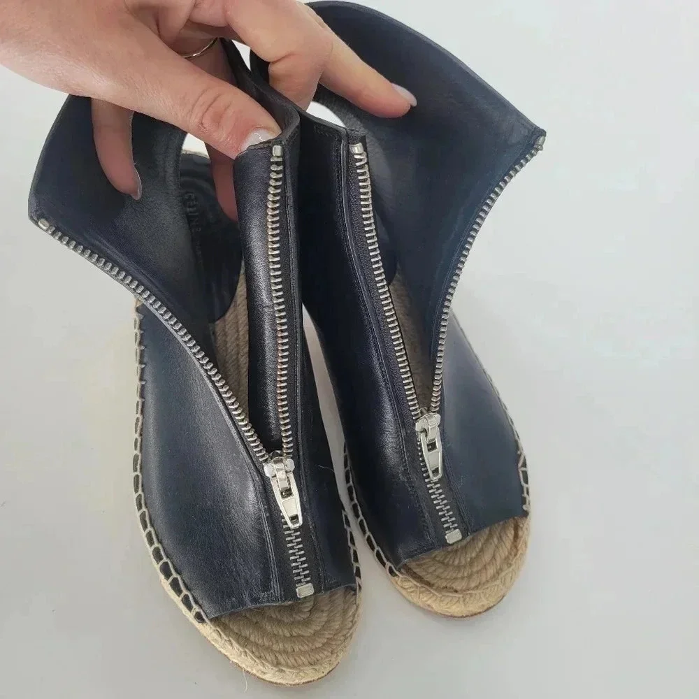 Celine Paris black leather zipper open tore ankle bootie wedge Espadrille 7